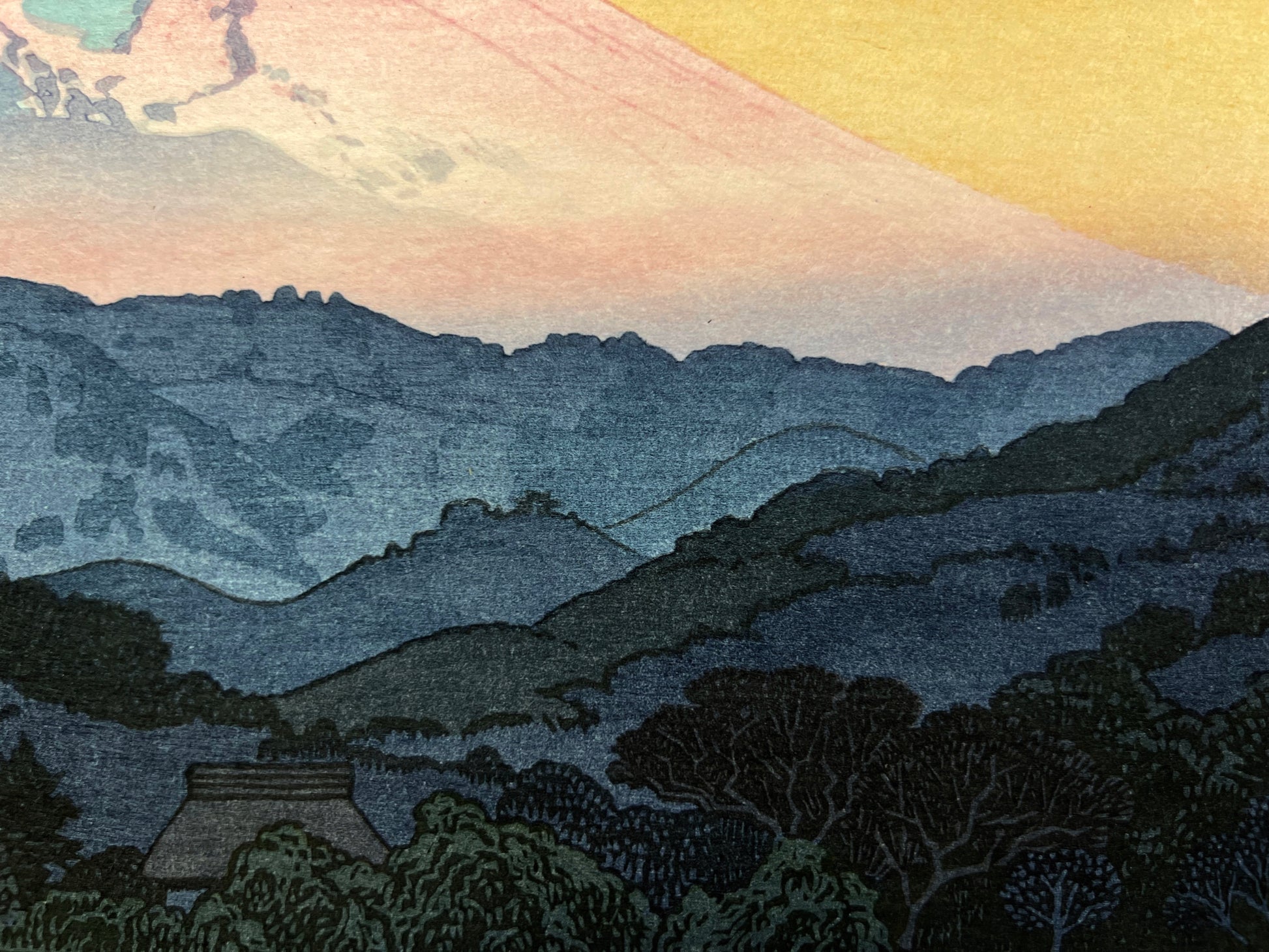 estampe japonaise paysage Lever du jour sur le Mont Fuj, l'ombre sur la vallée