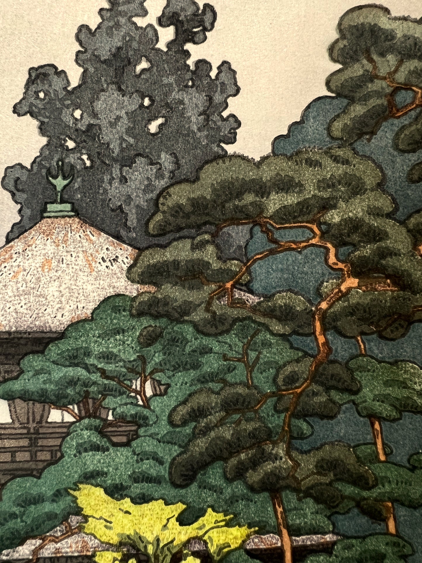 estampe japonaise paysage printemps temple Ginkakuji Kyoto, les pins japonais