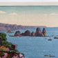estampe japonaise paysage maritime mer bleur, rocher et pin, les rochers et écriture japonaise dans la marge