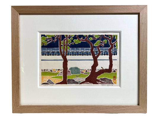 estampe japonaise moderne arbres tortueux encadrée avec un plat 30 chêne
