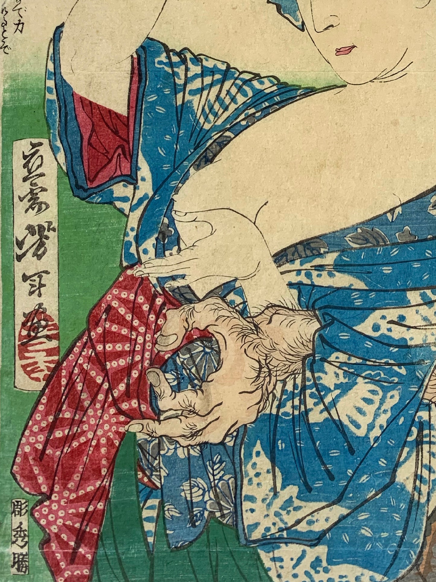 estampe japonaise une femme serre le bras dans homme voulant toucher son sein dénudé, les mains